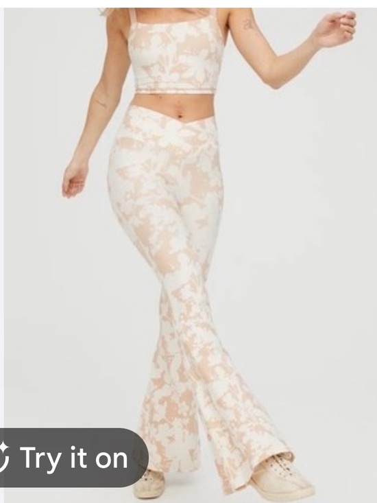 aerie Pants - Offline by Aerie Two-Piece Floral Crop Top & Flared Pants Set - Cream & Blush